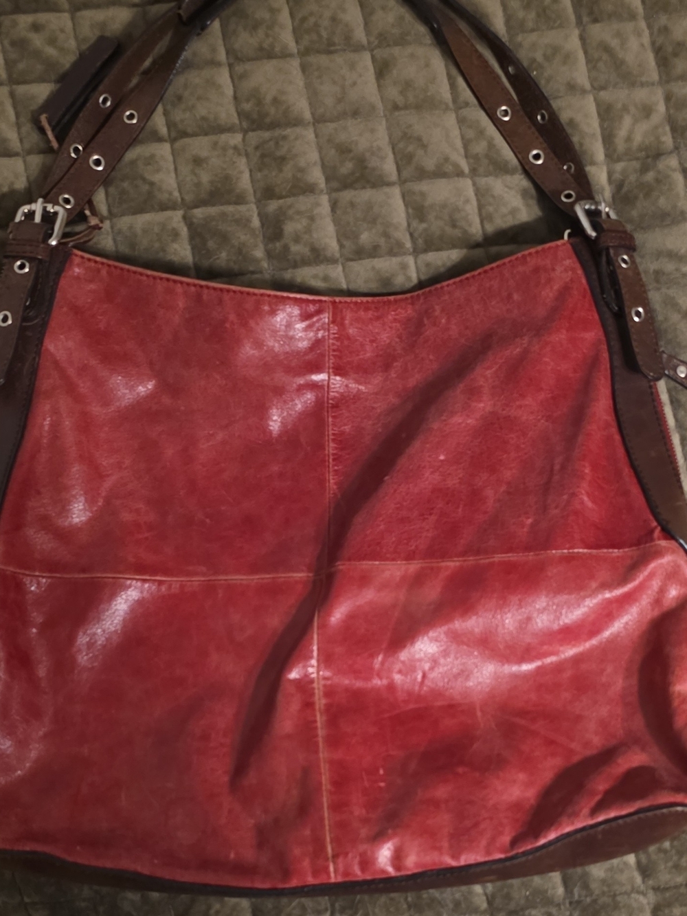 Tano Red Leather Shoulder Hobo with Brown Straps